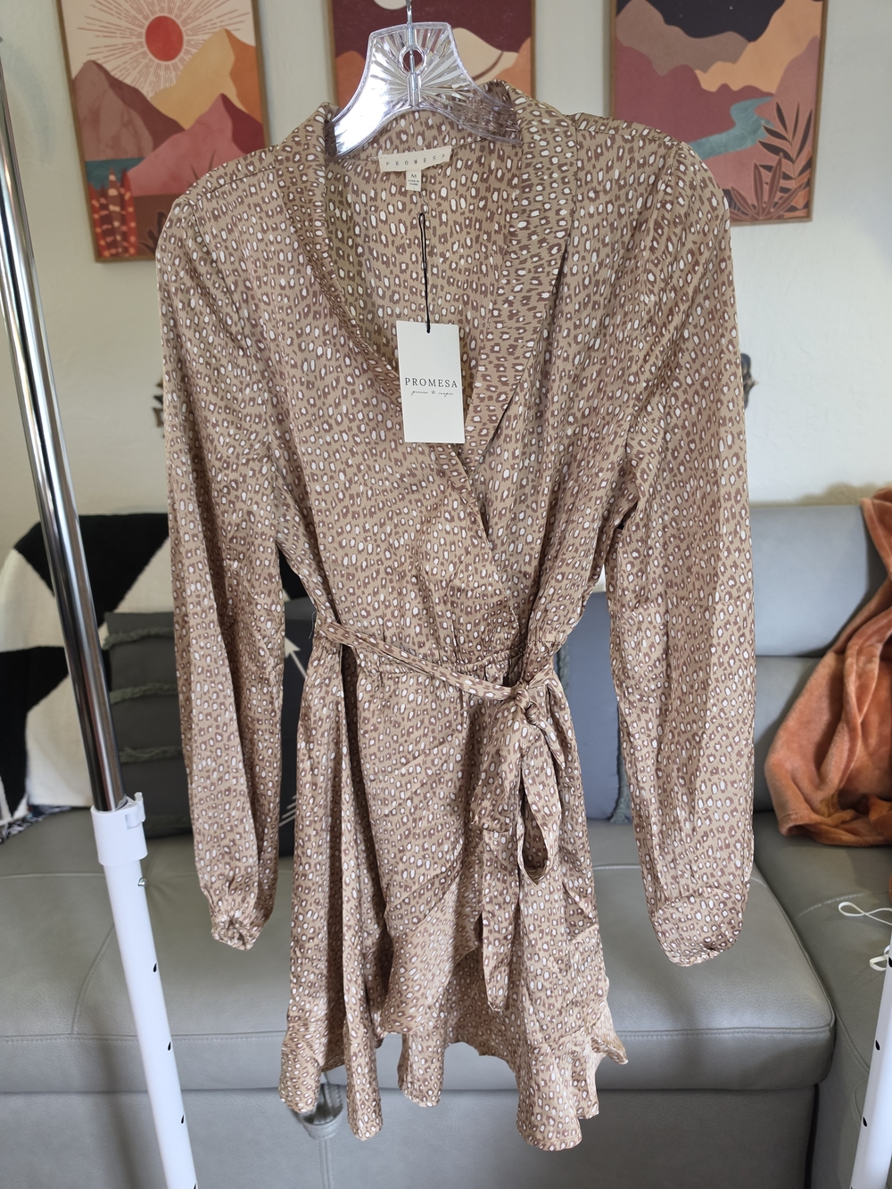 Promesa Leopard Print Wrap Mini Dress Long Sleeve Tie Waist Boho Size M NWT